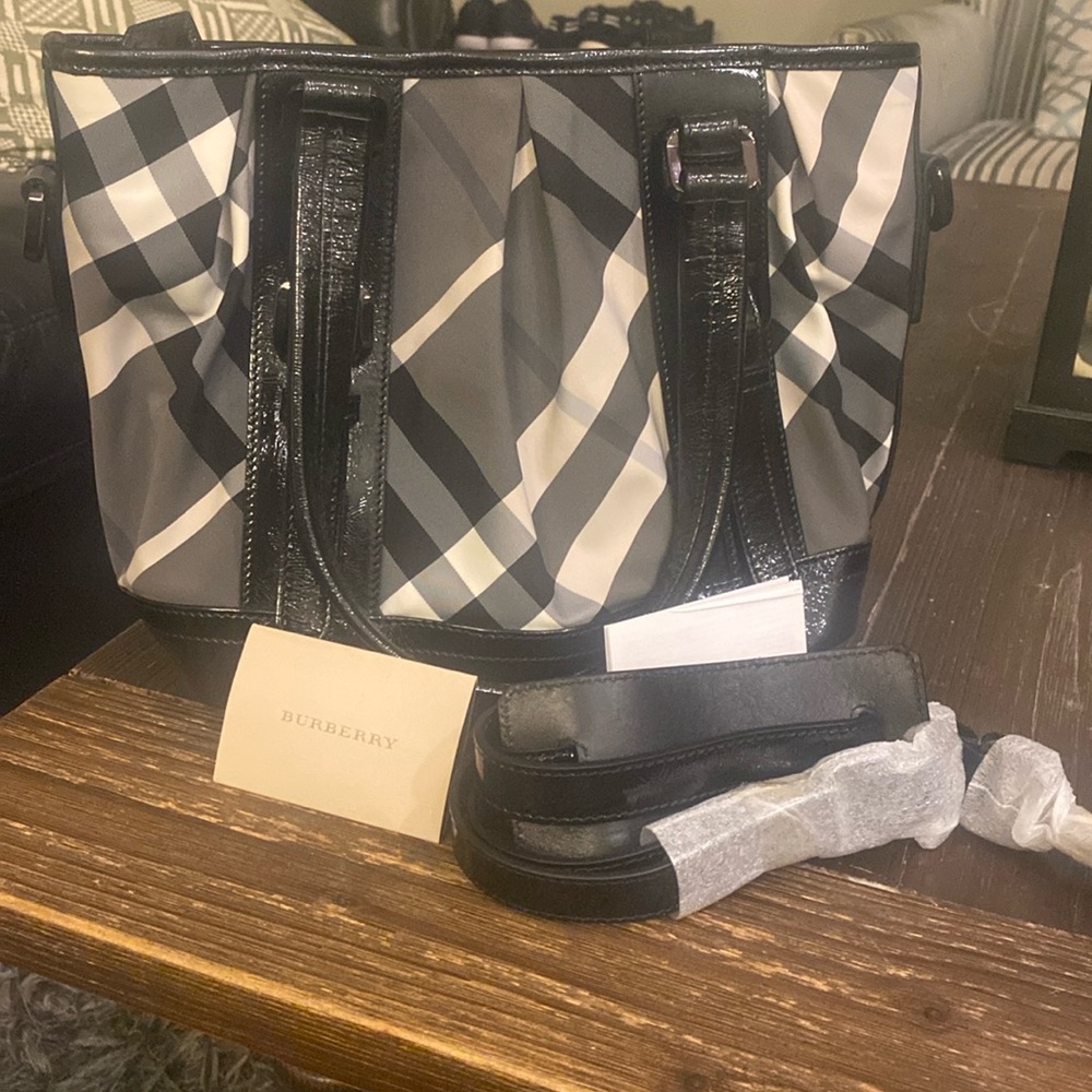 Burberry bag, Black Beat Check Nylon/Leather Medium Lowry Bag, Pre-owned